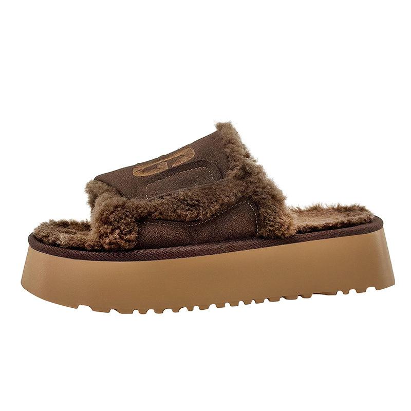

2024 new lamb wool shoes platform muffin one-word sandals drag slippers small women s shoes 40 темно-коричневого кольору