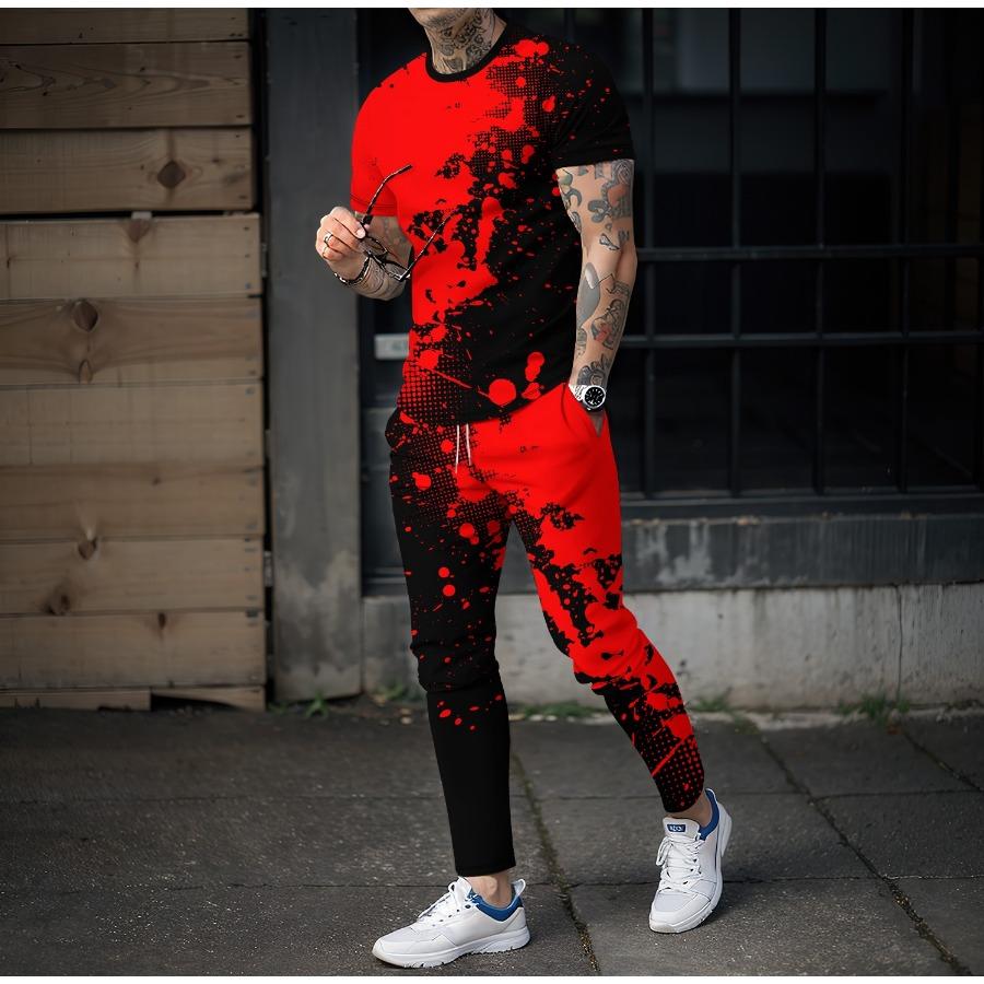 

Цветной граффити, смешивание 3D-принта, мужской спортивный комплект, футболка с короткими рукавами и штаны, комплект из 2 предметов, свободный свитер, мужская одежда L