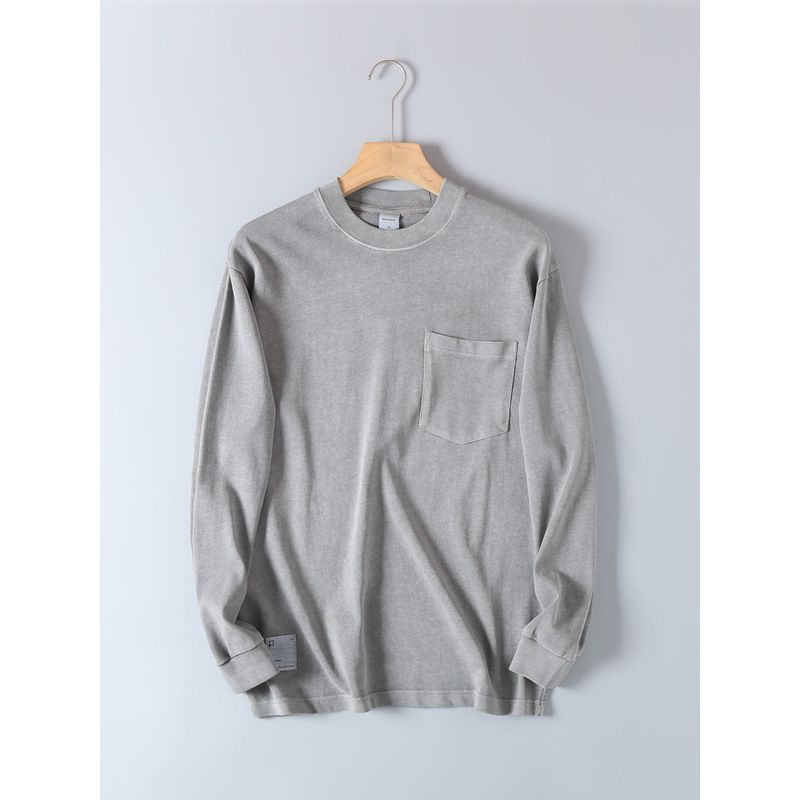 Heavyweight Cotton Washed Pocket Long-Sleeve T-Shirt for Men, Spring and Autumn, Loose Casual Solid Color Base Shirt, Crew Neck Pullover Sweatshirt