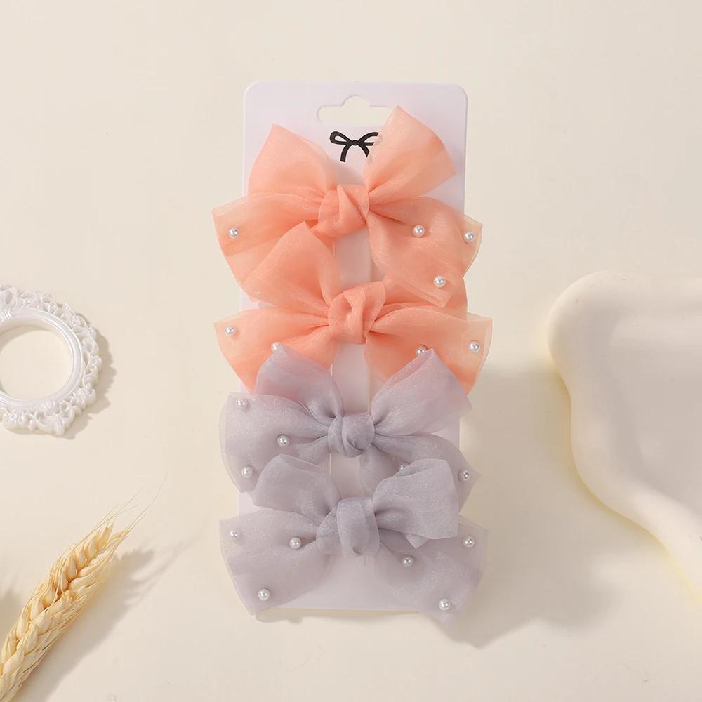 4Pcs/Set Sweet Pearl Bows Hair Clips for Girls Cute Side Clip Solid Color Hairpin Handmade with Bow Hair Accessories Headdress