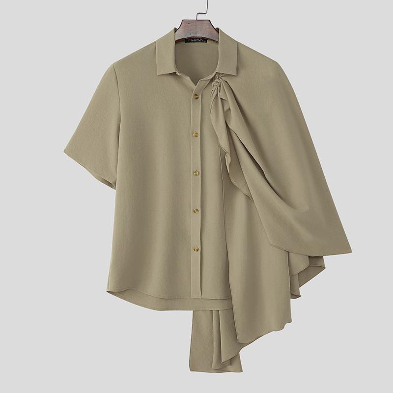 

INCERUN Мужские рубашки с воротником-лацканом, коротким рукавом, пуговицами, оборками и слоями, в стиле пэчворк, повседневные рубашки-накидки XL хаки