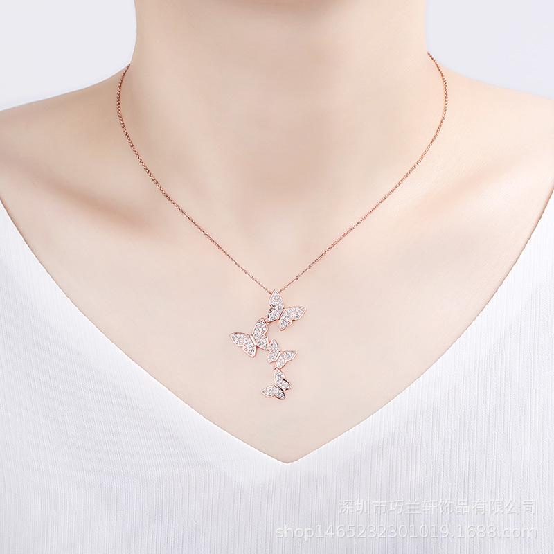 Women's Trendy New Style Four Full Diamond Butterfly Clavicle Chain Simple Pendant Jewelry