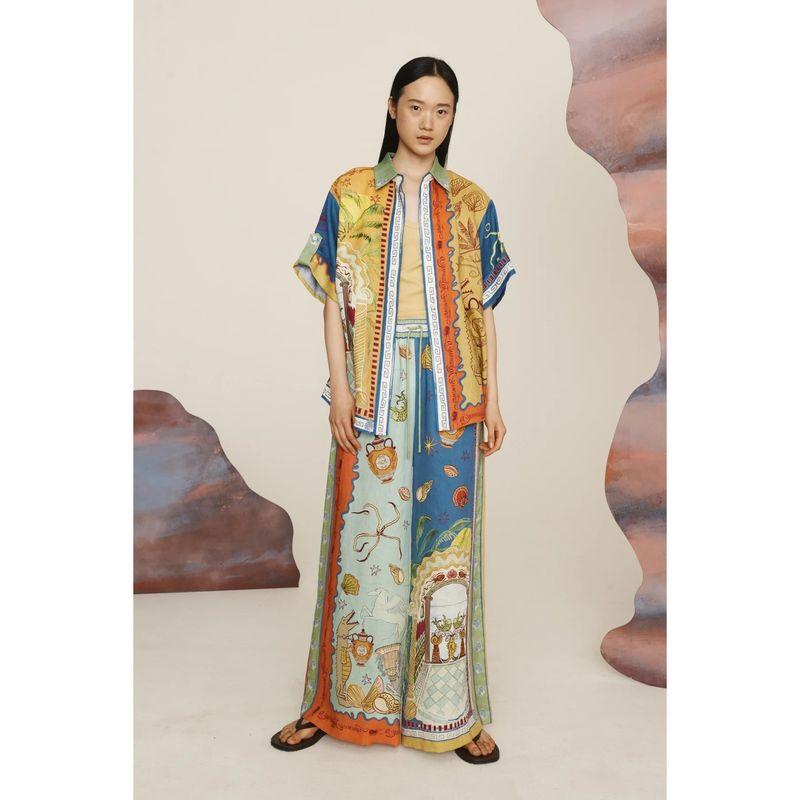 

European and American Fashion Personality Print Short sleeve Vacation Casual Loose Tether Set Color S