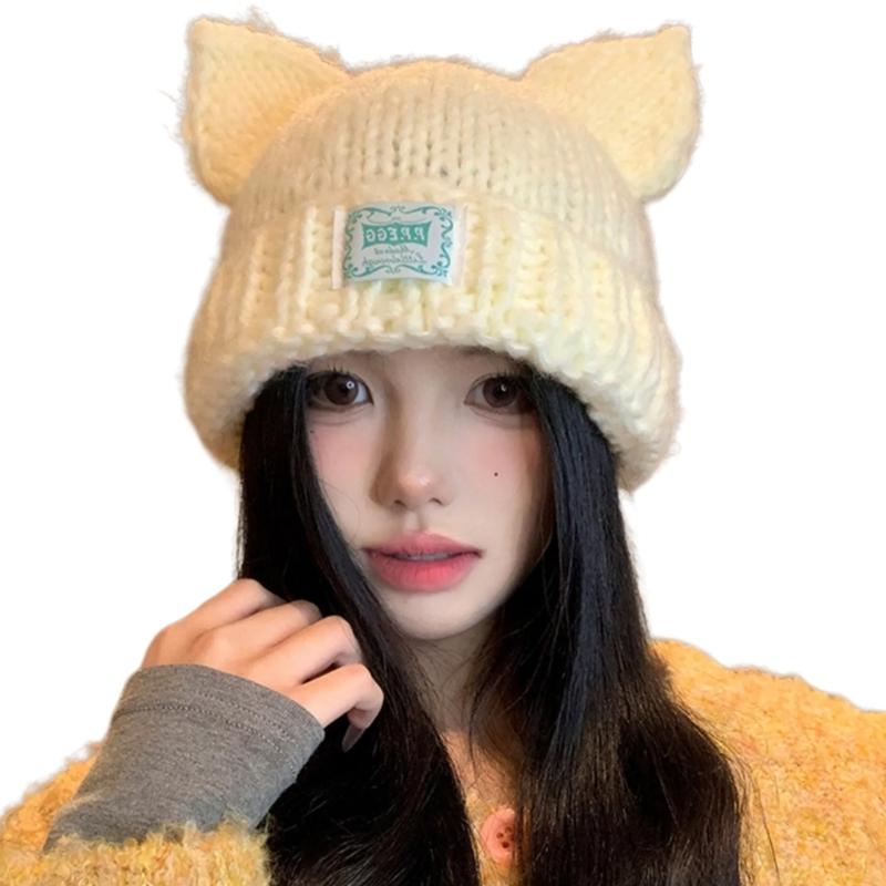 Women Winter Crochet Hat Cats Ear Knitted Hat for Girl Skiing Cycling Warm Winter Snow Hat for Christmas Present