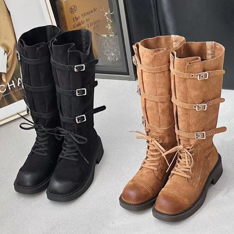 Yangjing velvet belt buckle but knee locomotive boots leather strap thin thick-soled min knight boots boots long boots