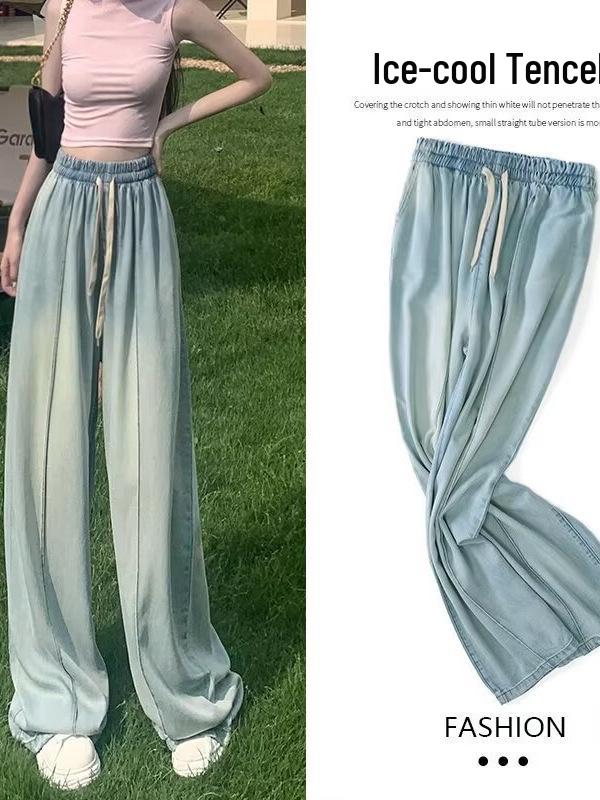 Women's High-Waisted Wide-Leg Ice Silk Jeans: Elastic Waist, Loose Fit, Slimming, Summer-Ready, Floor-Length.