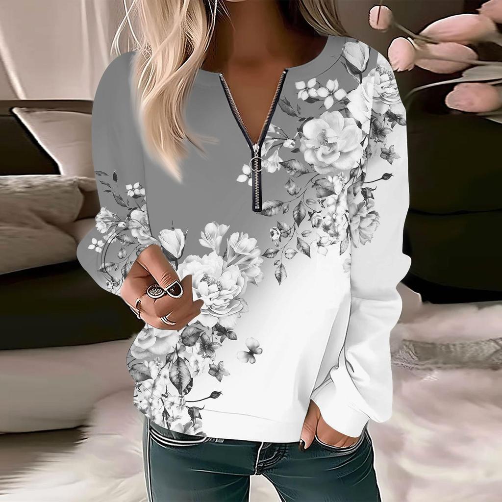 Women Sweatshirt Pullover Basic Quarter Zipper Long Sleeve Print Flowers Hoodie Casual Top