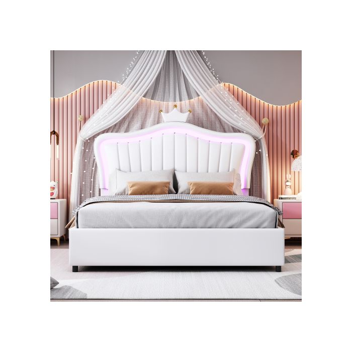 Lit d'enfant - MUVOE - 140 x 200 cm - Similicuir blanc - Rangement hydraulique - LED multicolore