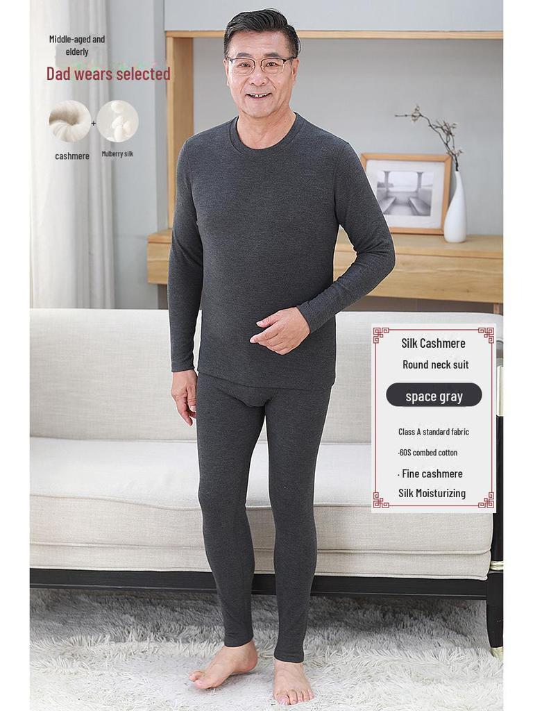 Silk Cashmere Men's Thermal Set: Autumn Round Neck, Slightly Loose Fit, Middle-aged & Elderly Warmth