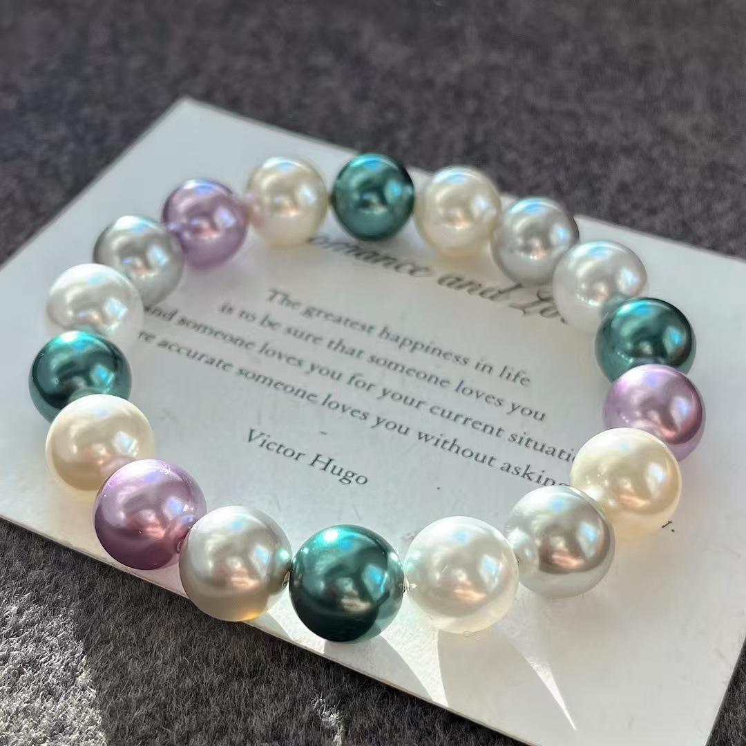 10Mm Retro Strong Light Perfect Round High Quality Artificial Crystal Tahitian Pearl Candy Color Bracelet