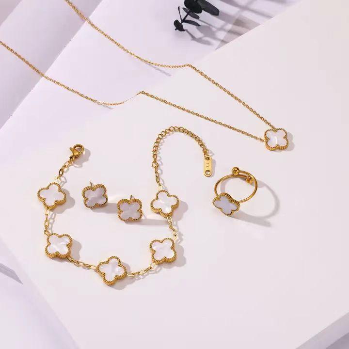 4PCS Lucky Clover Fashion Five Flower Stainless Steel Bracelet Necklace Ring Earring Jewelry Set Gift