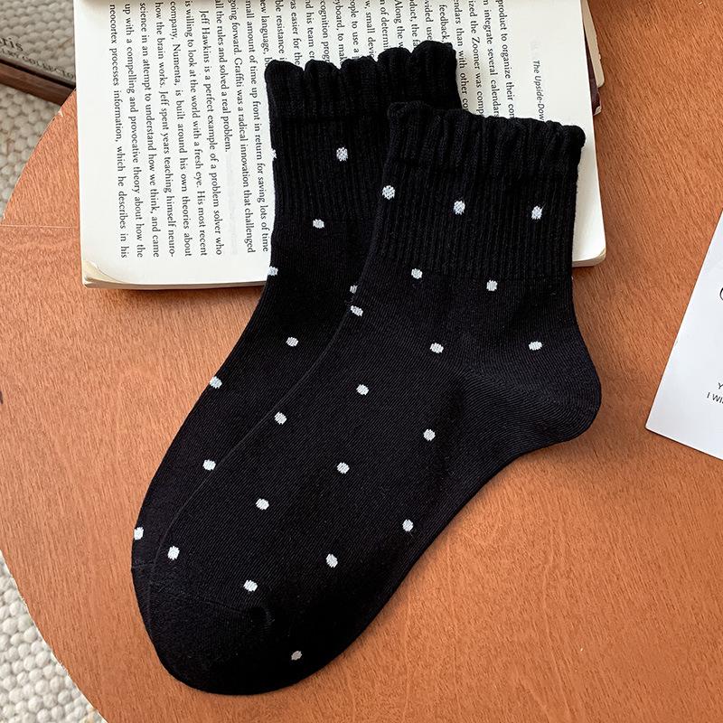 25 New Women's Mid-Calf Wood Ear Edge Polka Dot Lace Socks, Japanese Ballet Style Autumn Trend