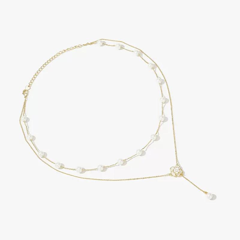 Camellia Double-layered Pearl Necklace Light Luxury Niche Temperament Neck Chain Collarbone Chain Sweater Chain