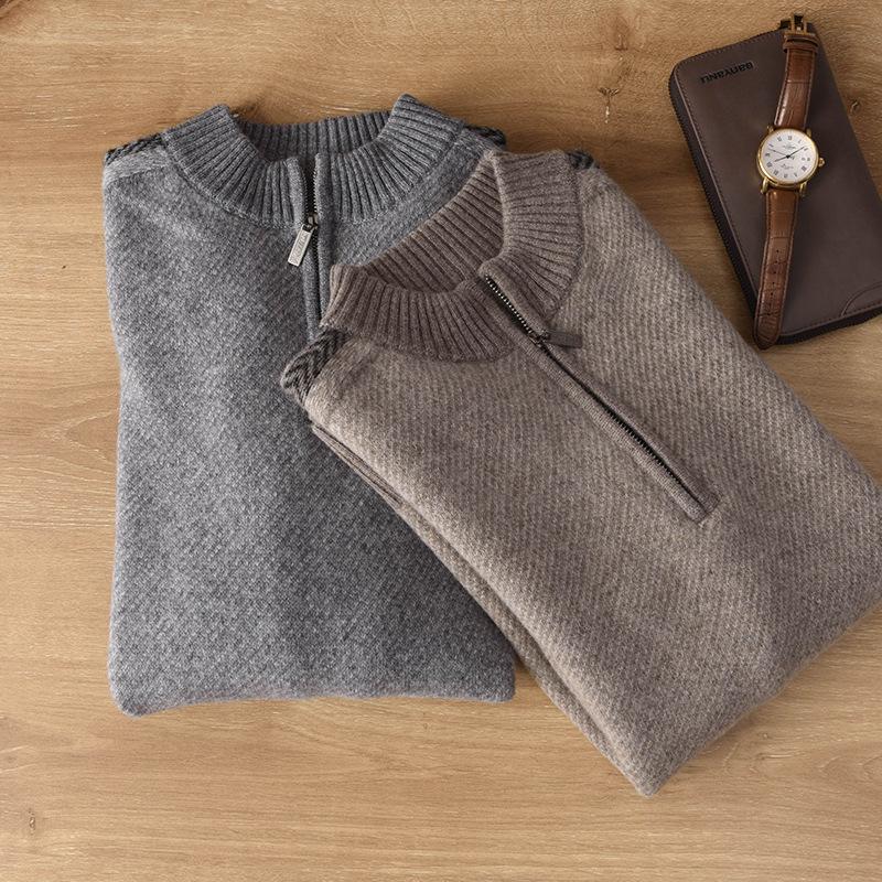 Men's Spring & Autumn Half-High Neck Zip Sweater - Casual, Versatile, Solid Color Pullover