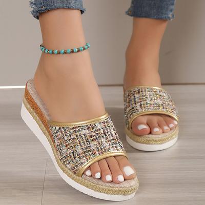 Fashion Rimocy 2024 New Fashion Striped Platform Slippers Women Summer Canvas Wedge Sandals Woman Plus Size Non Slip Casual Slippers