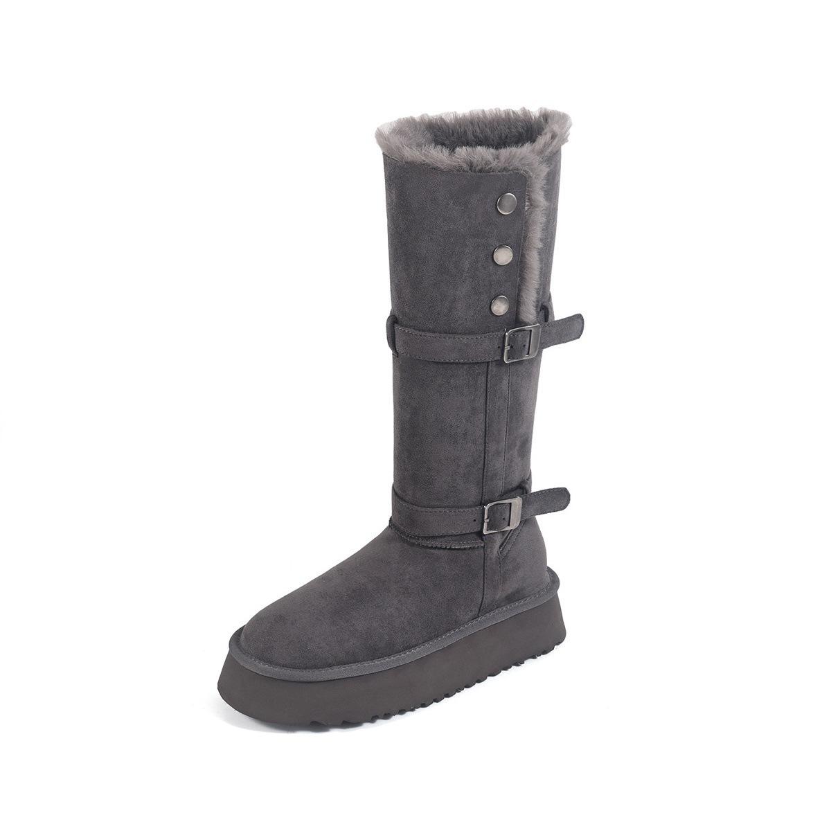 Grey thick-soled fluffy warm snow boots long tube winter rivet belt buckle thickened fluffy cotton shoes 35