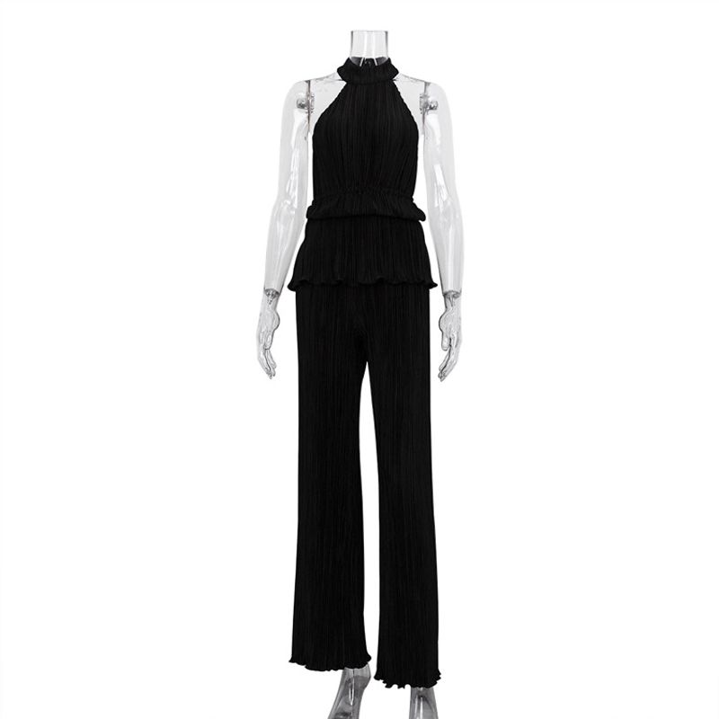 

Solid Color High Neck Long Pants Set Women Solid Turtleneck Backless Trousers Set Black L