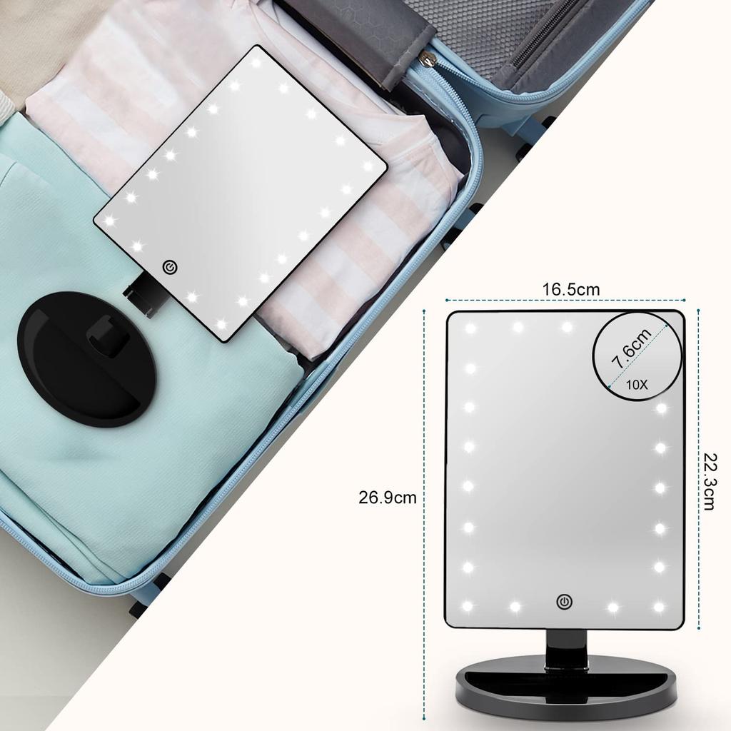 FASCINATE Mirror with Tabletop Stand Stepless 10x Adjustable Black 21-LED Light, Mirror, Dimming, USB/Battery Powered, Magnification, Bright, 180°