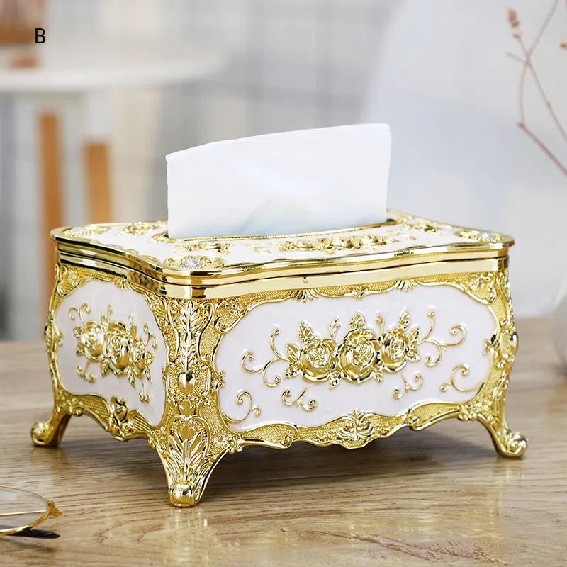 Rose Pattern Golden-Plated Tissue Box American Style Paper Holder Suitable For Multiple Rooms Home Desktop Decor