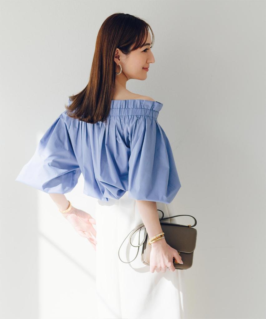 Yours Ruffle Voluminous Blouse BFXU1801 Medium Blue Off-the-Shoulder Women's