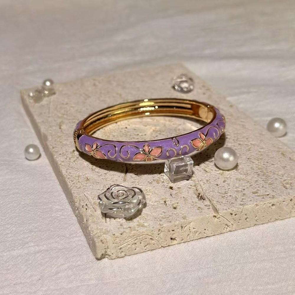 Spring Button Open Cuff Bracelet Colorful Dainty Jewelry Vintage Four-leaf Clover Bangle  for Women