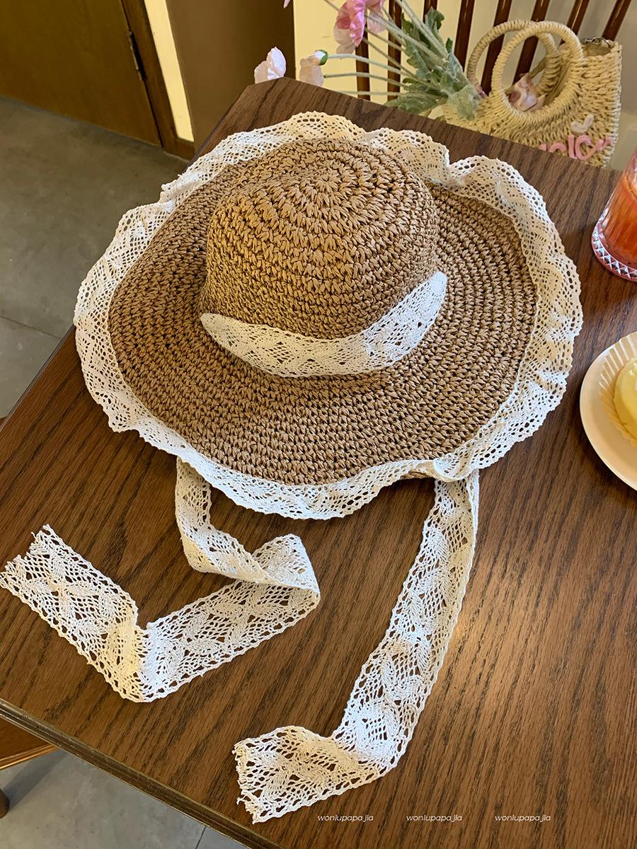 

Unisex Versatile Wide Brim Straw Hat With Lace Edging For Adults Ideal For Spring And Summer Khaki Lace