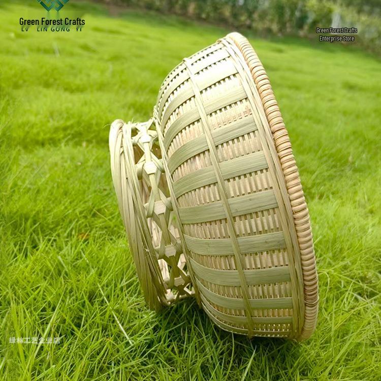 Large Bamboo Rattan High-Foot Steamed Bun & Snack Basket - Finely Woven, Multi-Purpose Household Kitchen Fruit & Vegetable Wash Basket, Round Design