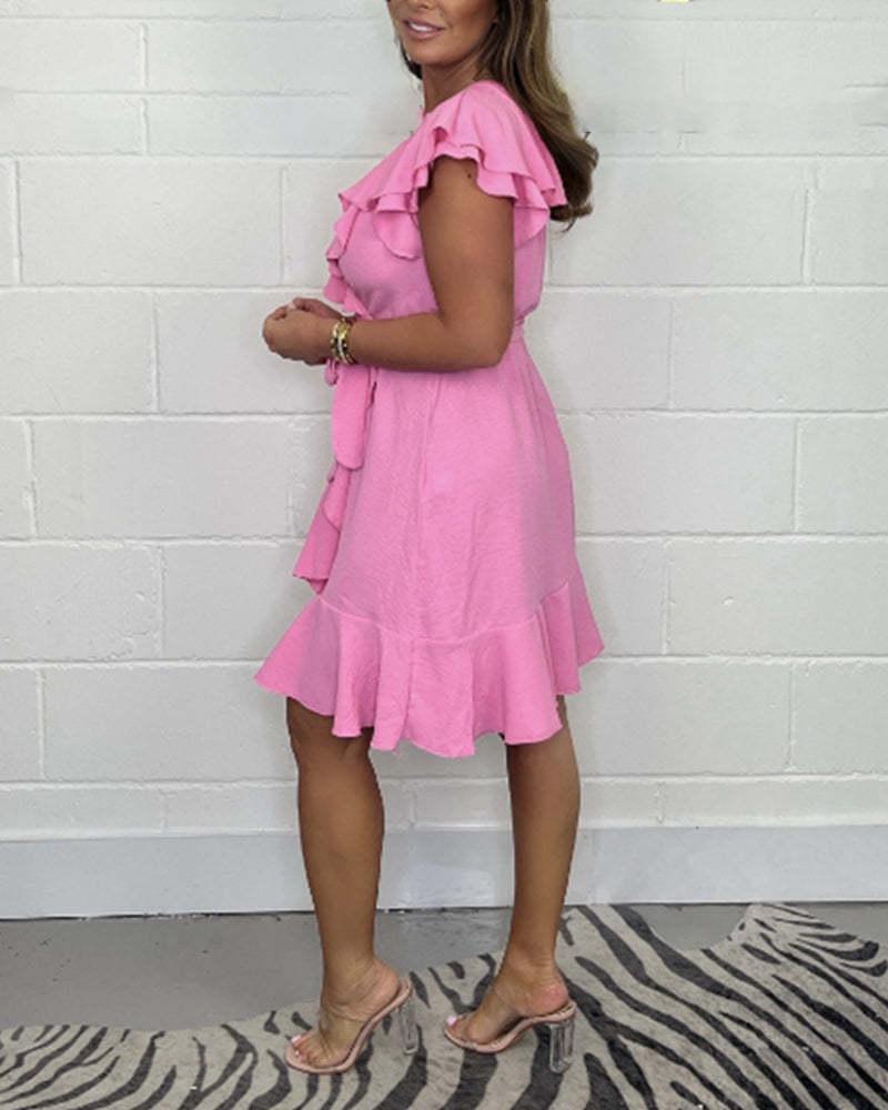 2025 Women's Summer V-Neck Waist-Cinching Ruffle Dress - Solid Color