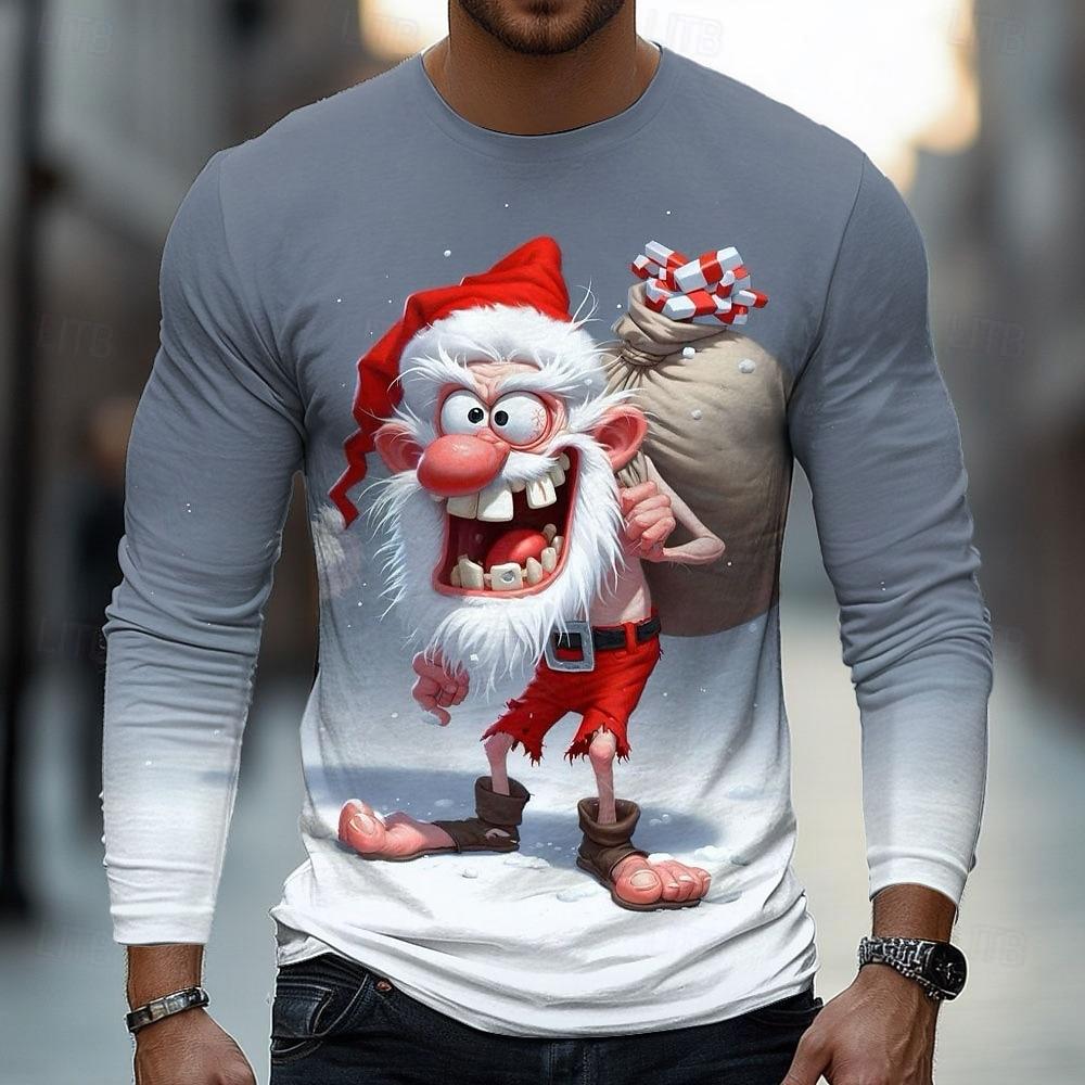 Spring and Autumn Round Neck Funny Christmas Santa Graphic 3D Printed Top Fashionable Casual Long Sleeved Men's T-shirts