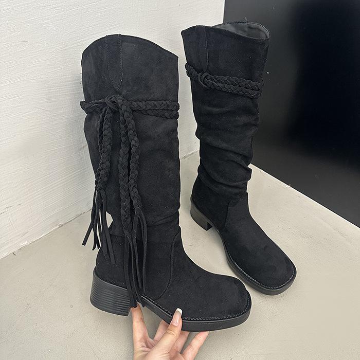 Wasteland wind retro fringed woven knight boots long boots women's autumn and winter new thick heel suede stacking boots high boots