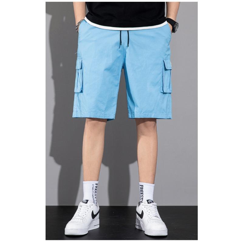 Men's Beige Cargo Shorts, Casual Loose Fit Drawstring Workwear Shorts with Pocket Label Detail