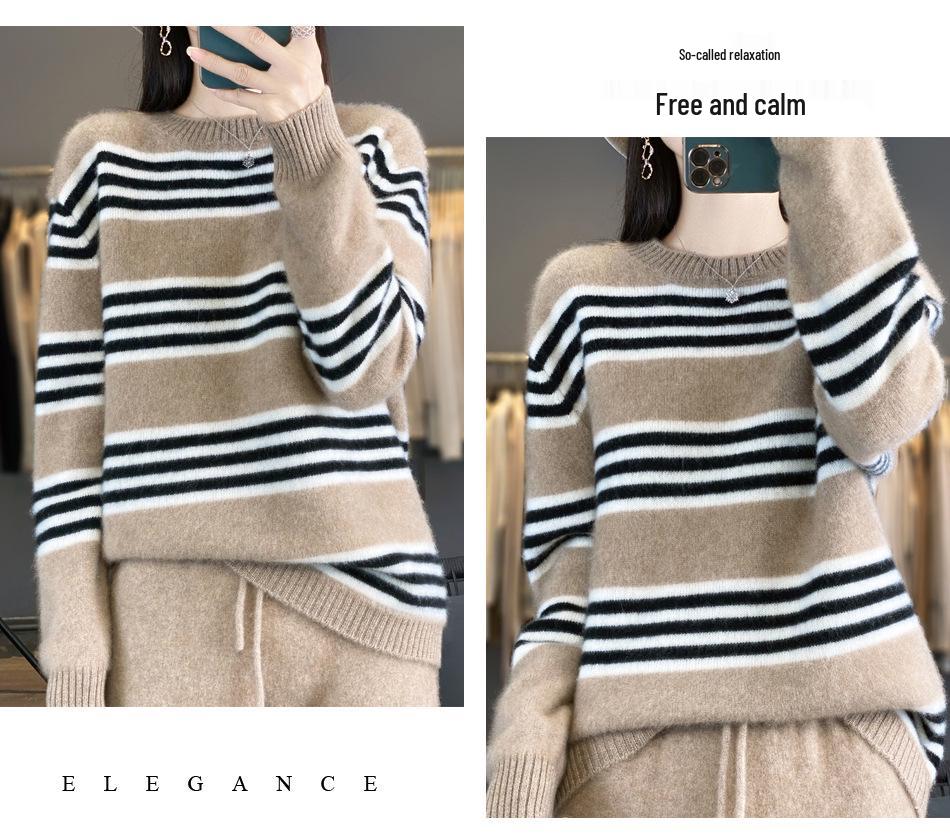 Women's Color Block Striped Knit Sweater: Cotton, Cashmere, & Wool Blend - Casual Autumn/Winter Pullover
