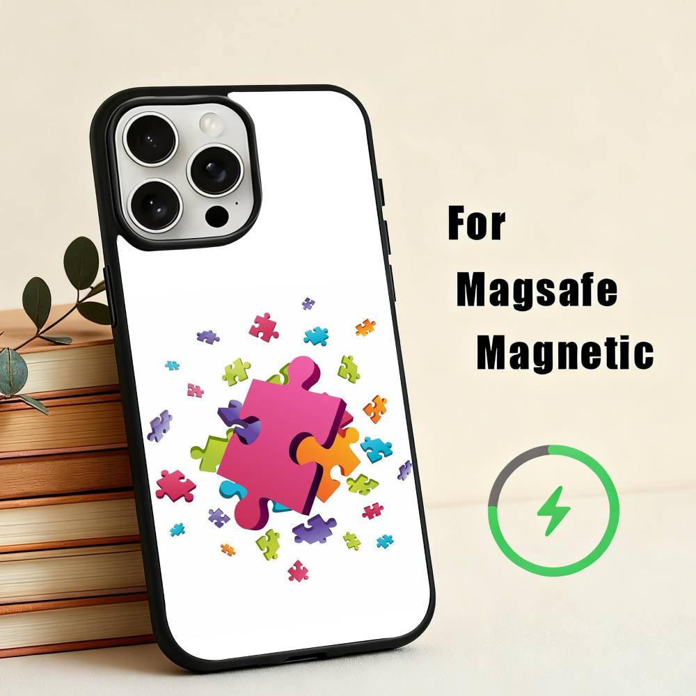 Puzzle Art Support Autism Phone Case For iPhone17,16,15,14,13,12,11 Plus,For Magnetic Wireless Charge Cover