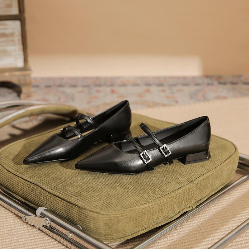 29816 [sheepskin] flat shoes women's thick heel 2025 new pointed temperament word with Mary Jane single shoes