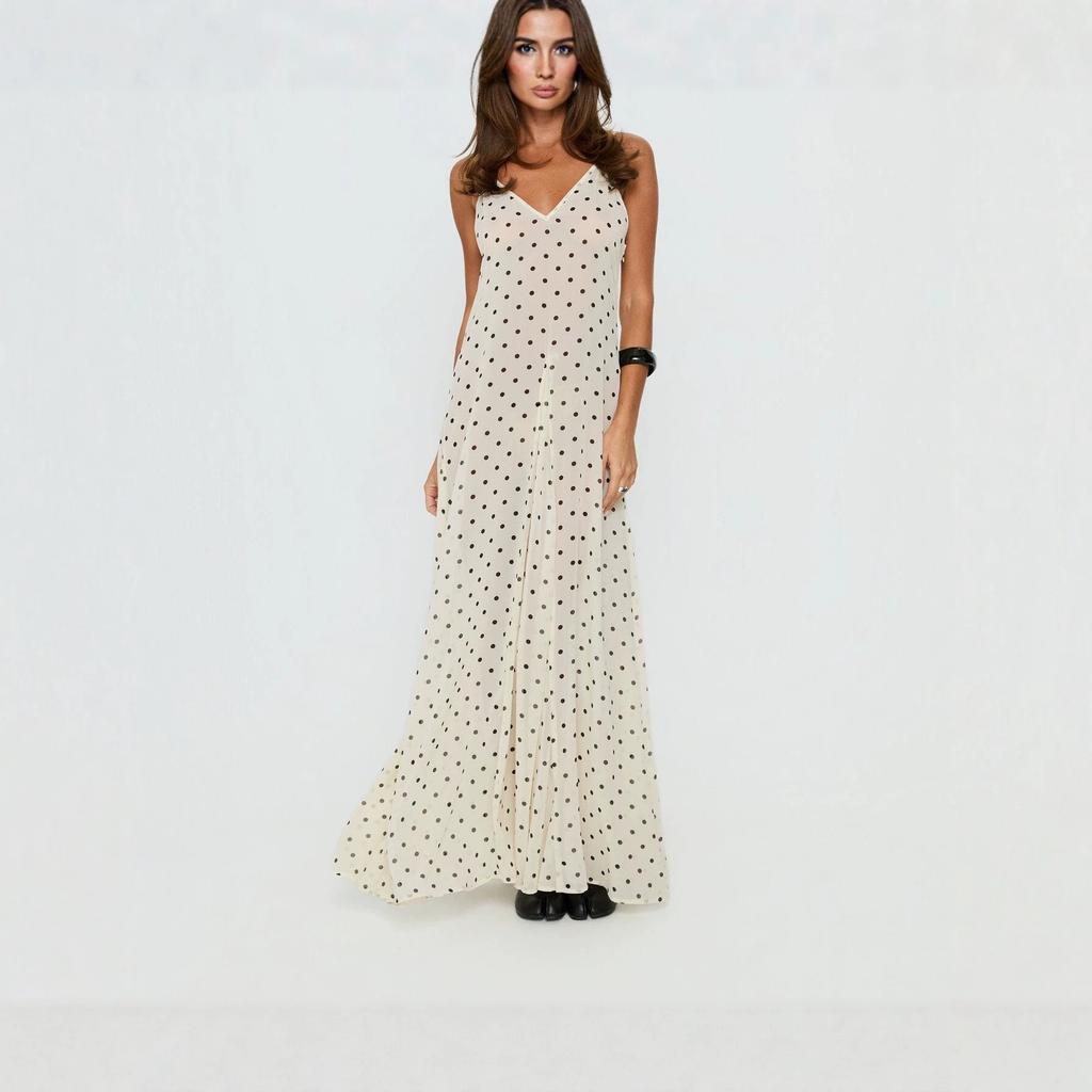 Women's French Polka Dot Spaghetti Strap Maxi Dress V Neck High Waist Elegant Vacation Long Dress