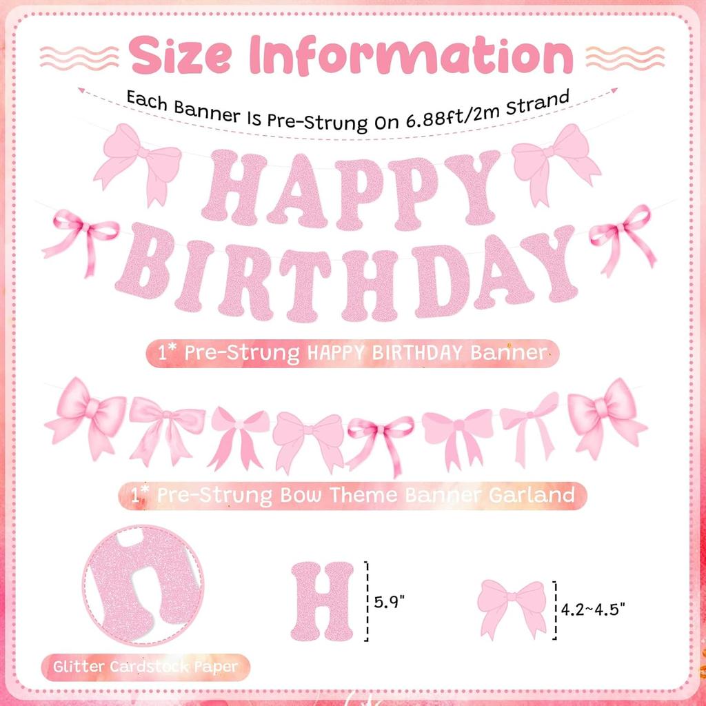 Bow Happy Birthday Banner, Pre-Strung Pink Bows Garland for Women Girls Bow Birthday Party Decorations, Bow Party Decor