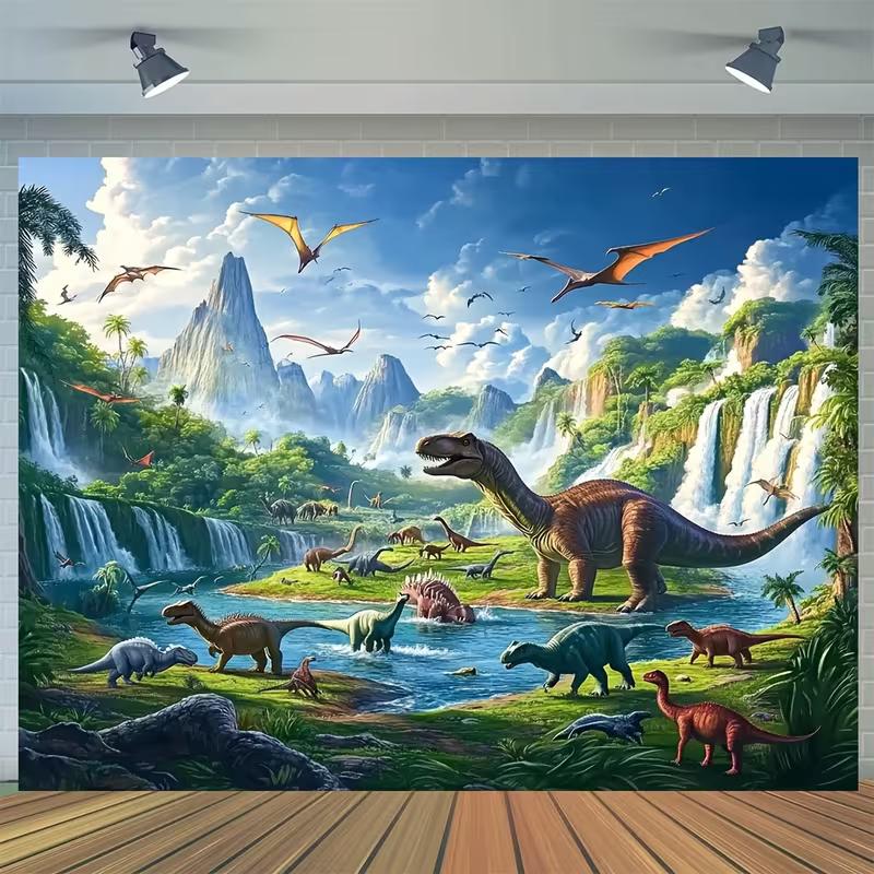 Realistic Dinosaur Tapestry, 150x130cm Prehistoric Waterfall & Mountain Wall Decor for Boys Room & Birthday Party