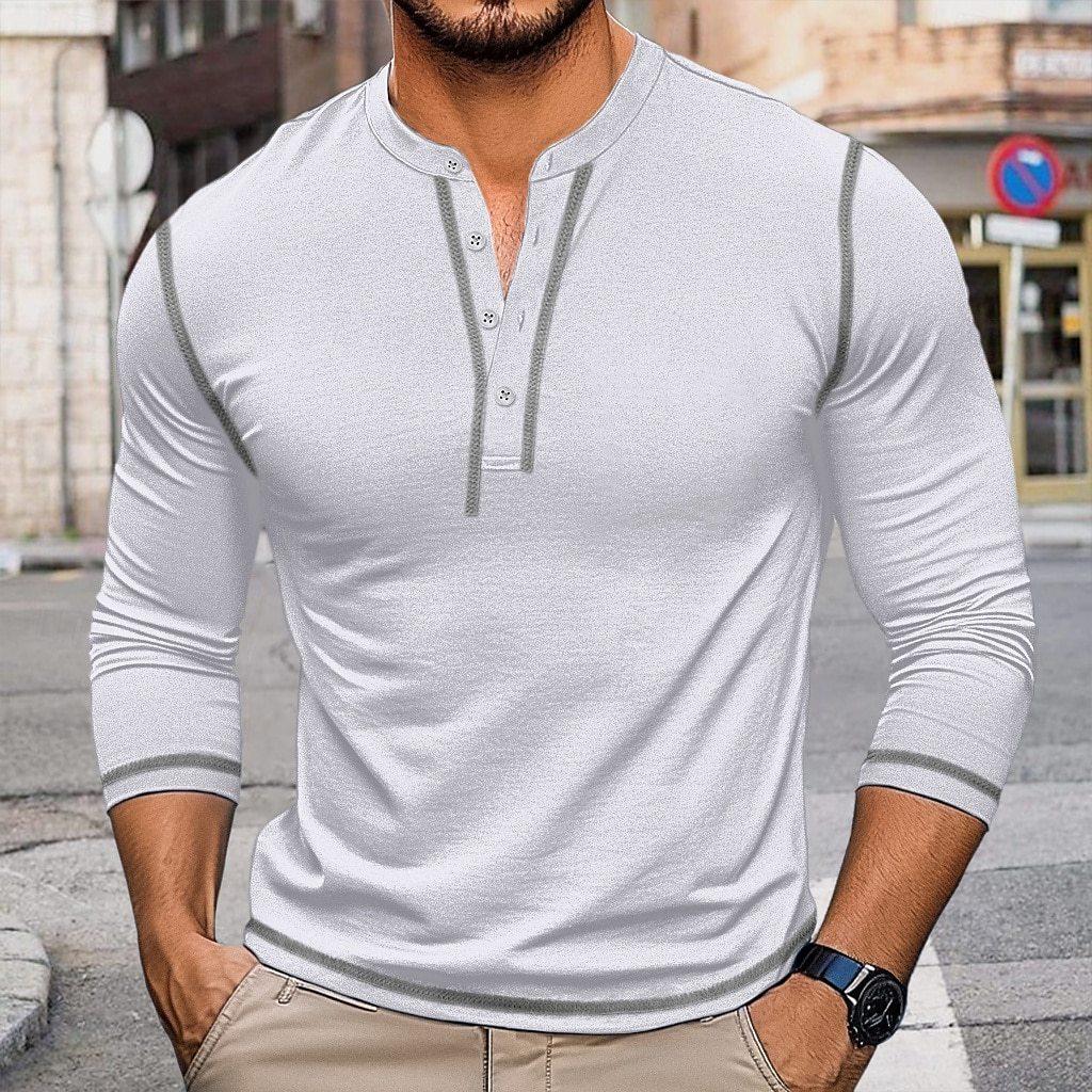 Mens Vintage Color Block Long Sleeve Crew Neck Henley T Shirt Casual Top