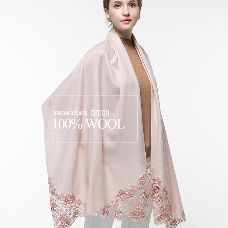 100% Real Wool Pink Scarf Women For Winter Femme Shawls Wraps Warm Wool Pashmina For Ladies Flower Embroidery Cashmere Scarf