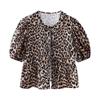 Summer Shirt with Strap Lace-up Leopard Blouse Puff Sleeve Crop Top Women's Summer Clothing