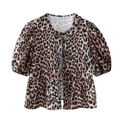 Camisa de Verano con Tirantes Blusa Leopardo con Cordones Manga Abullonada Crop Top Ropa de Verano para Mujer