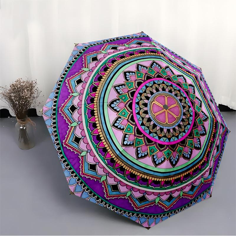1pc Mandala Art Automatic Umbrella - Stylish, Durable, with 8-Rib Manual Open Design, Elegant Black Handleyy250920177