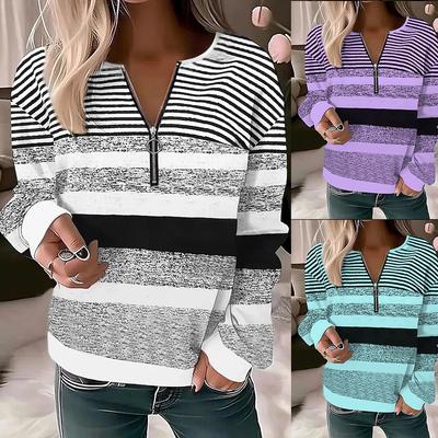 Höst Vinter Randiga Tryckta Dam Långärmade T-shirts Geometri Dragkedja V-ringad Dam Toppar Lös Casual Plus Size Kläder 5XL