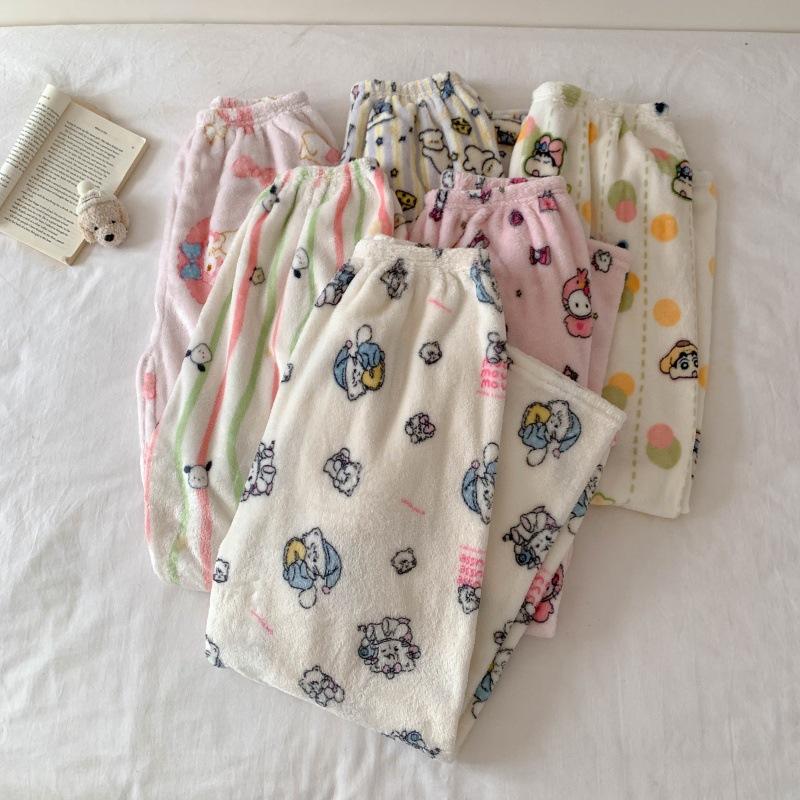 Cartoon Flannel Pajama Pants for Women - Winter Warm Fleece Lounge Pants, Coral Velvet Sleepwear Bottoms for Students, Cozy Home & Outdoor Wear