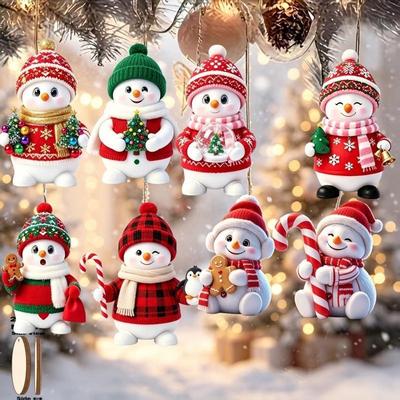 8Pcs 2D Cute Christmas Snowman Pendants Wood Cartoon Xmas Tree Hanging Ornament Diy Home New Year Party Atmosphere Decor Supply