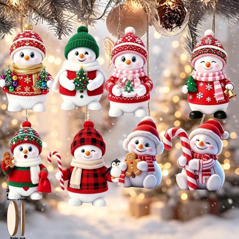 8Pcs 2D Cute Christmas Snowman Pendants Wood Cartoon Xmas Tree Hanging Ornament Diy Home New Year Party Atmosphere Decor Supply