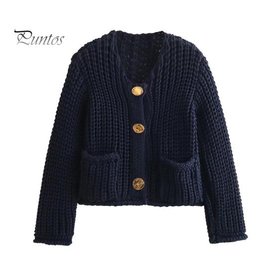 Knit Cropped Cardigan Sweater V-Neck Long Sleeve Buttons Down Loose Fit Sweater Coat with Pockets Solid Color Knitwear
