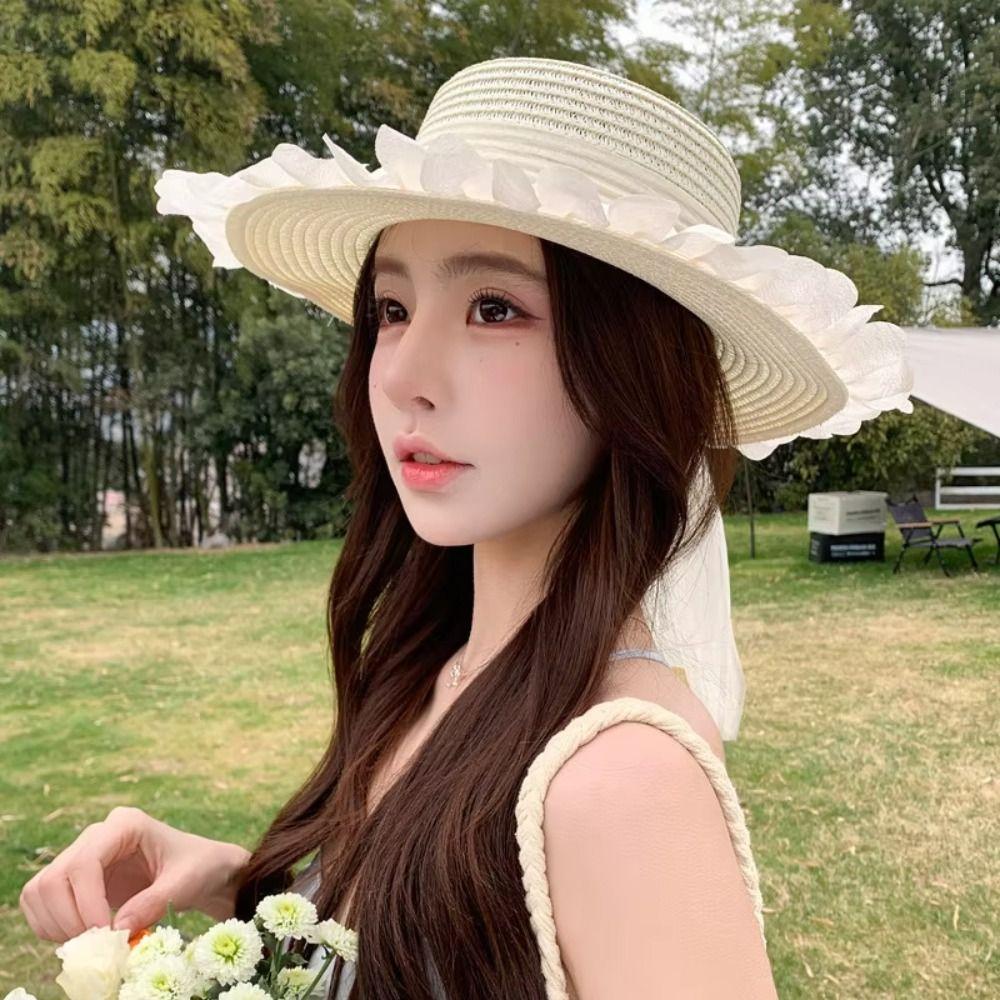 with Mesh Bow Straw Hat Wide-brimmed Sun Hat Elegant Sunshade Hat  for Summer Sun Protection