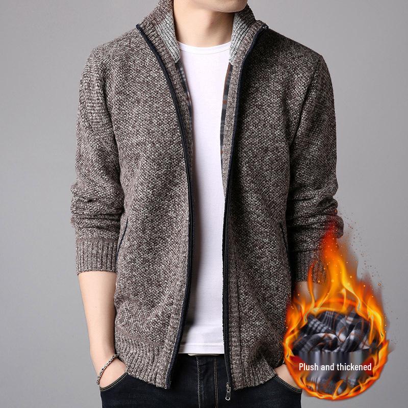 Men's Warm Fleece-Lined Zip Cardigan Sweater - Solid Color, Stand Collar, Plus Size, Casual Winter Wear.