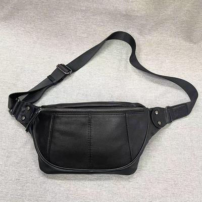 Riñonera de Cuero Genuino Bolso de Hombro para Hombre Riñonera de Piel de Vaca de Primera Capa Negro Gran Capacidad A5